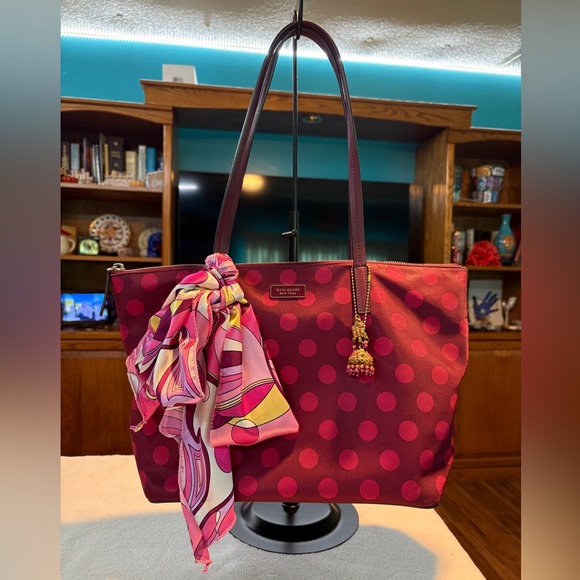 kate spade Handbags - Kate Spade Red Polka Dot Tote with Scarf and Bag Charm NWOT